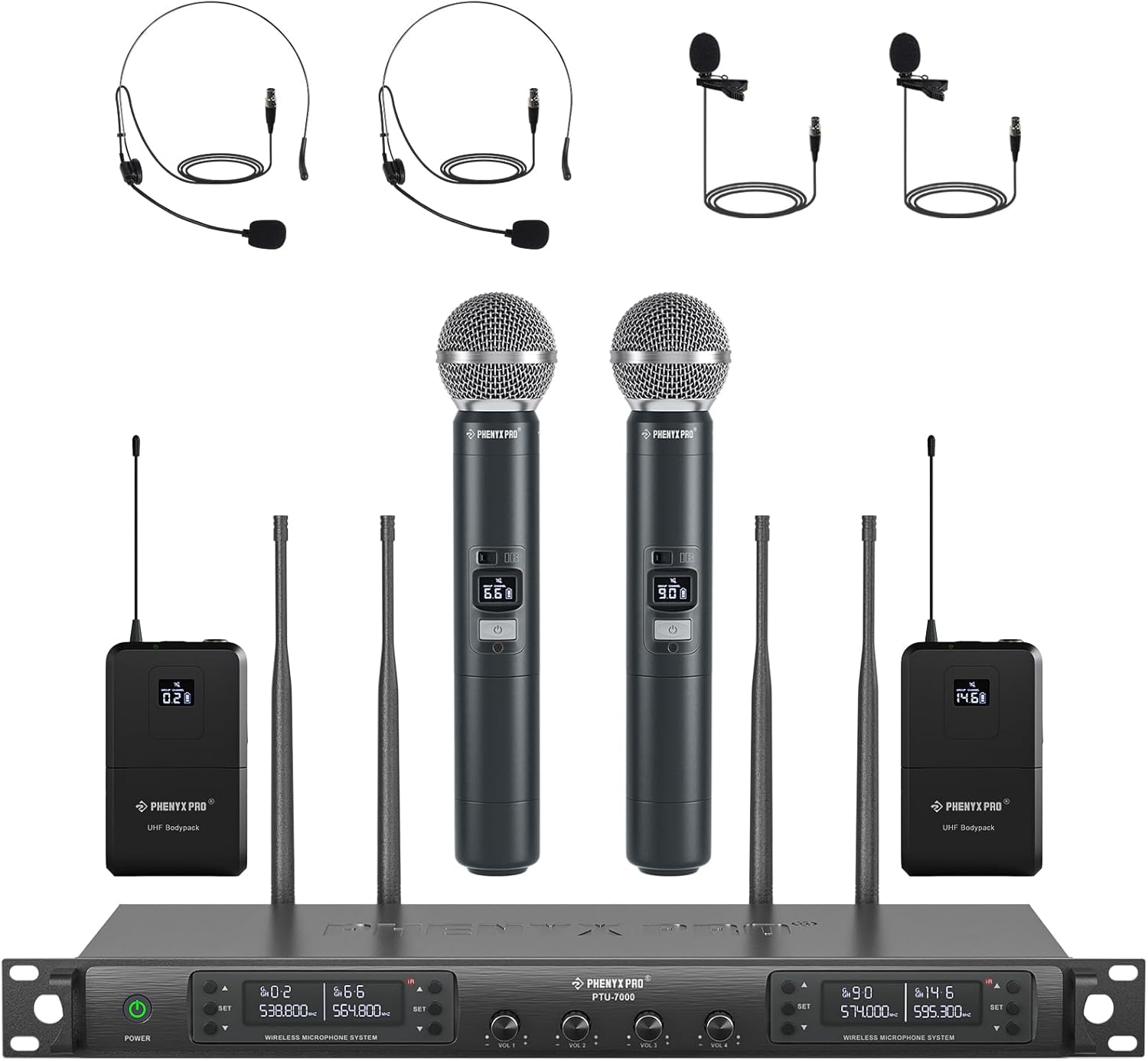 Phenyx Pro Quad Wireless Microphone System w/ 4x40 UHF Channels, Auto Scan, 2 Handheld Dynamic Mics, 2 Bodypacks & Headsets/Lapel Microphones for Singing, DJ, Church (PTU-7000-2H2B)-0