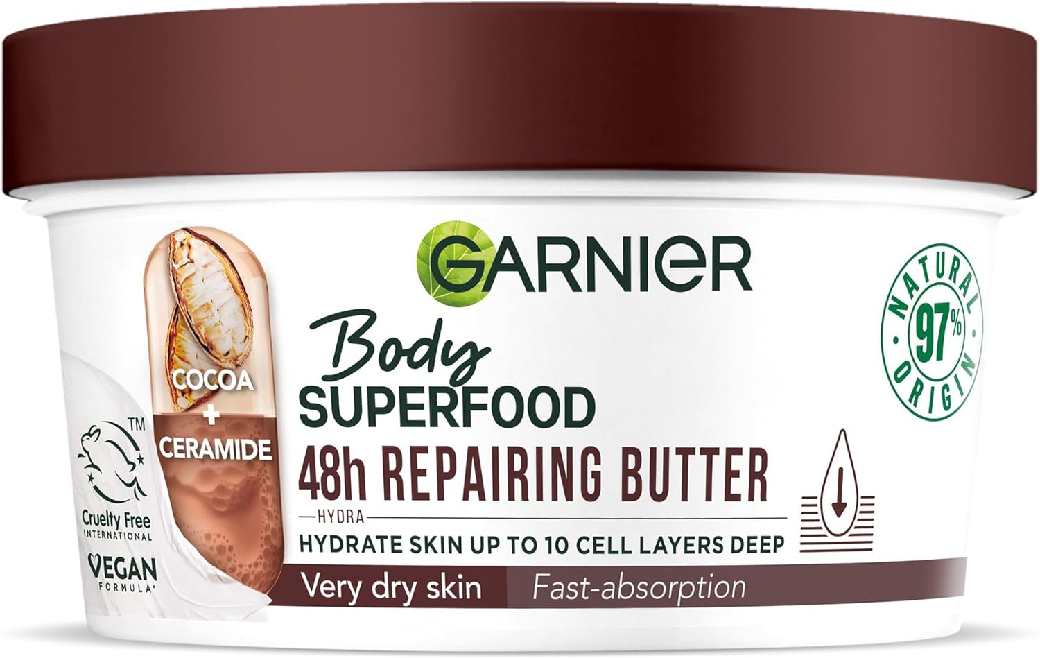 Garnier Body Superfood, Repairing Body Butter, with Cocoa & Ceramide, Body Butter for Very Dry Skin, Vegan Formula, 300ml-0