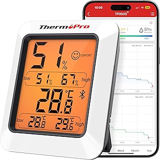 ThermoPro TP350 Bluetooth Room Thermometer, Indoor Hygrometer with Alerts, Humidity Meter and Temperature Monitor with Smart App and 2-Year Data Record & Export, Humidity Sensor for Baby Room Office