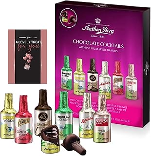 Chocolates Gift Box Anthon Berg Chocolate Liqueurs - Dark Chocolate 8 Cocktails Miniature Bottles Selection Box 125g withCard - Sweets Gift for Christmas, Valentine