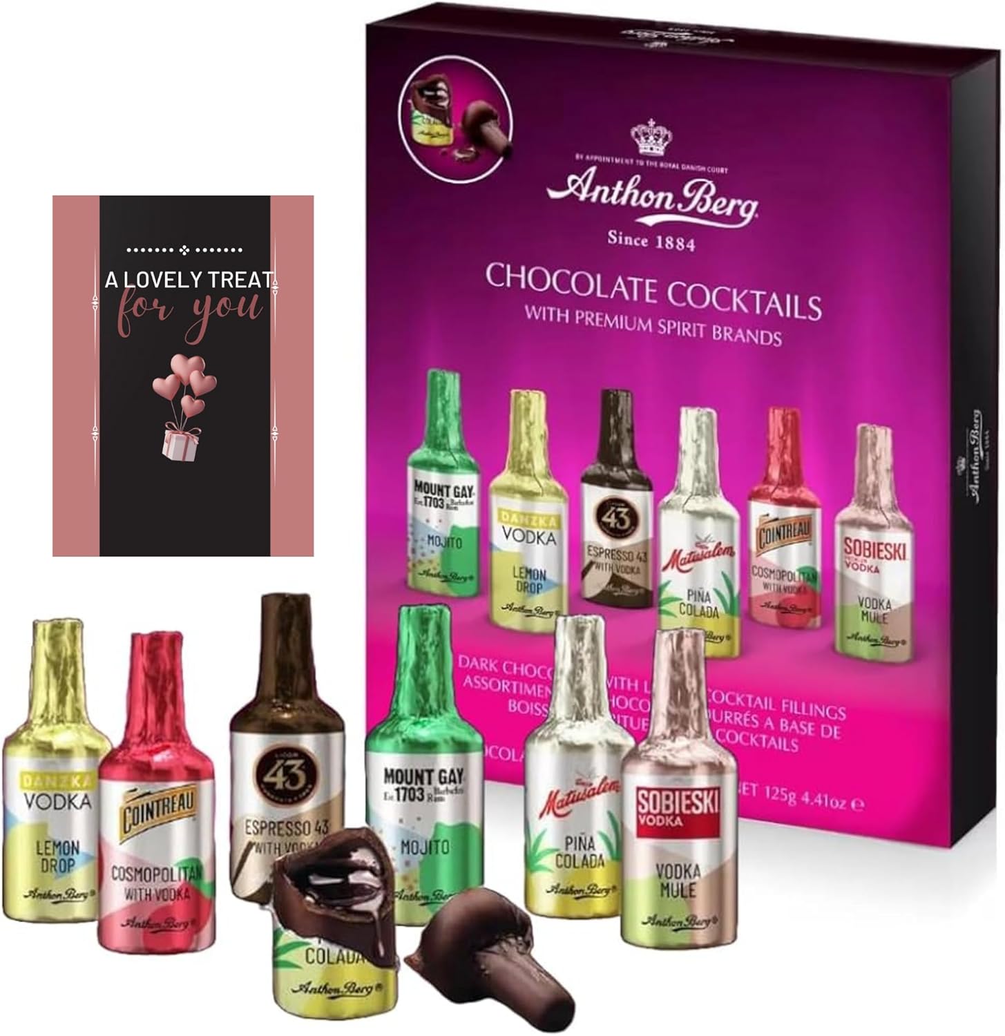 Chocolates Gift Box Anthon Berg Chocolate Liqueurs - Dark Chocolate 8 Cocktails Miniature Bottles Selection Box 125g withCard - Sweets Gift for Christmas, Valentine-0