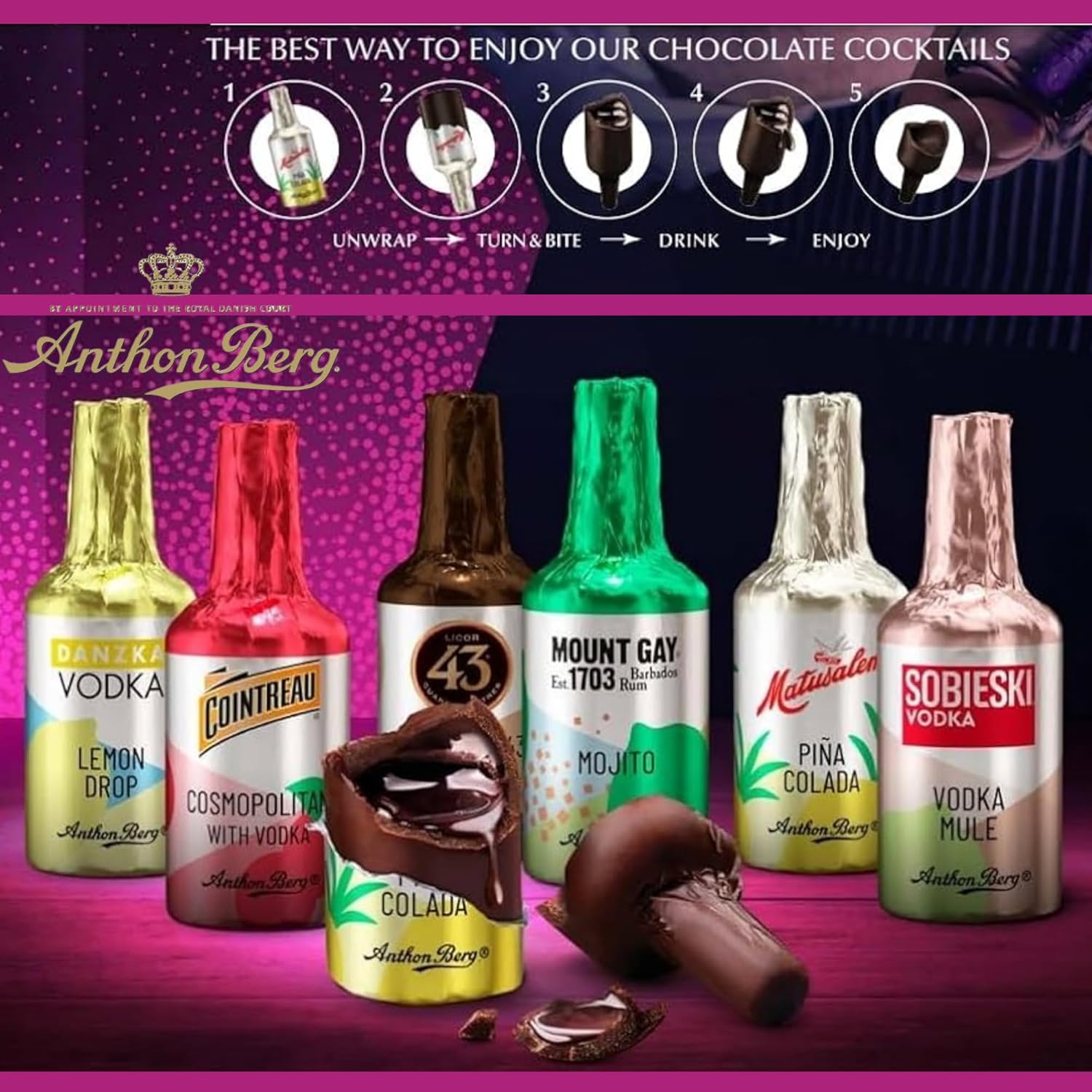 Chocolates Gift Box Anthon Berg Chocolate Liqueurs - Dark Chocolate 8 Cocktails Miniature Bottles Selection Box 125g withCard - Sweets Gift for Christmas, Valentine-2