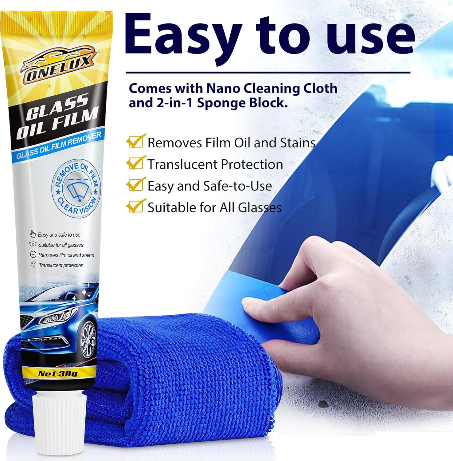 Car Glass Oil Film Remover 2PCS Car Glass Cleaner Polish with Sponge and Cloth, Sparkling Transparent Glass Effortlessly, Windshield Cleaning Tool For Safety And Long-term Protection Sale Clearence-2