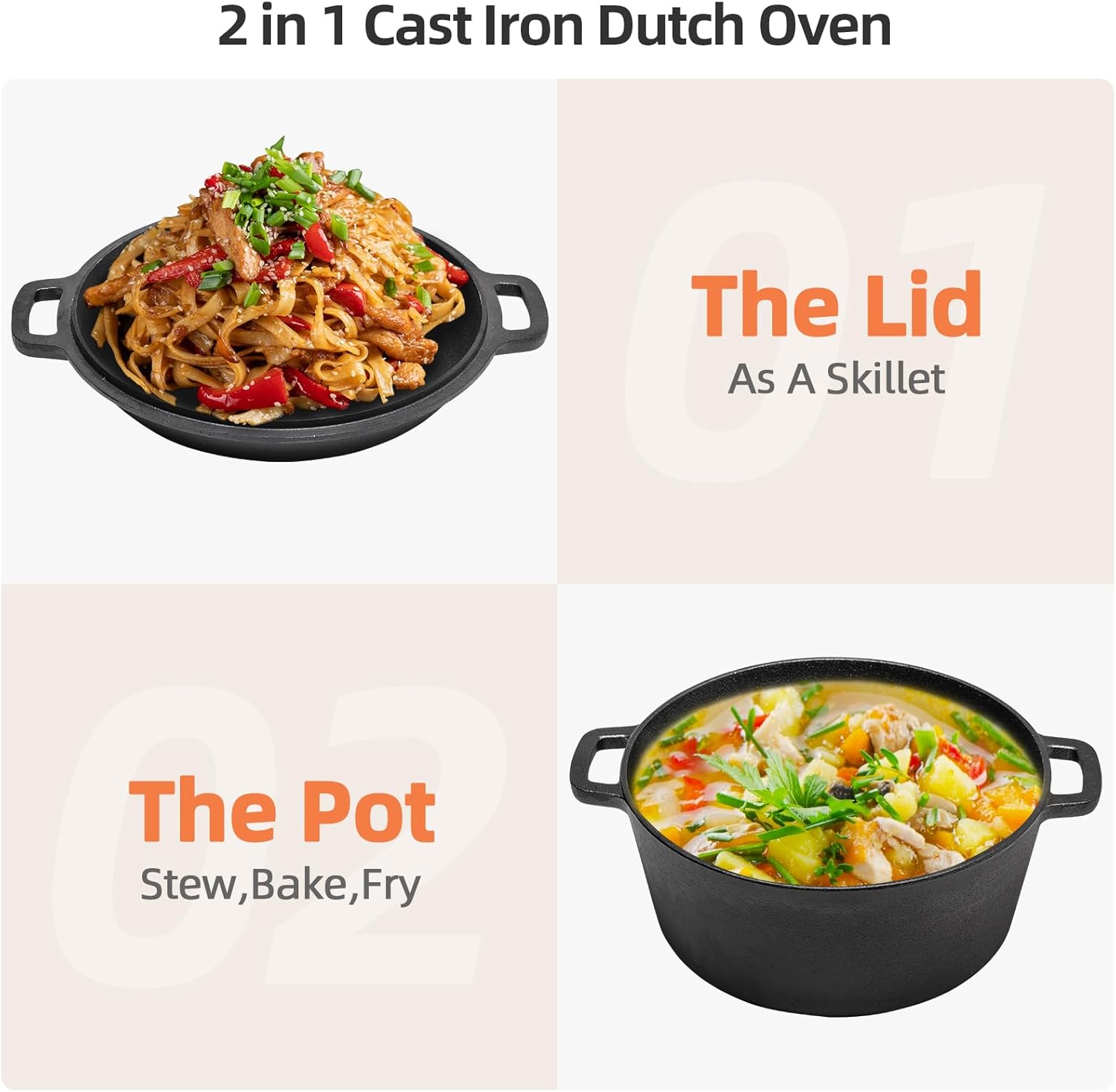 Warmiehomy Cast Iron Dutch Oven,4.5L 26cm 2 in 1 Pre-Seasoned Cookware Dutch Oven Pot with Skillet Lid,Non-Stick Skillet and Pot Set with Two Handles for Indoor Outdoor-1