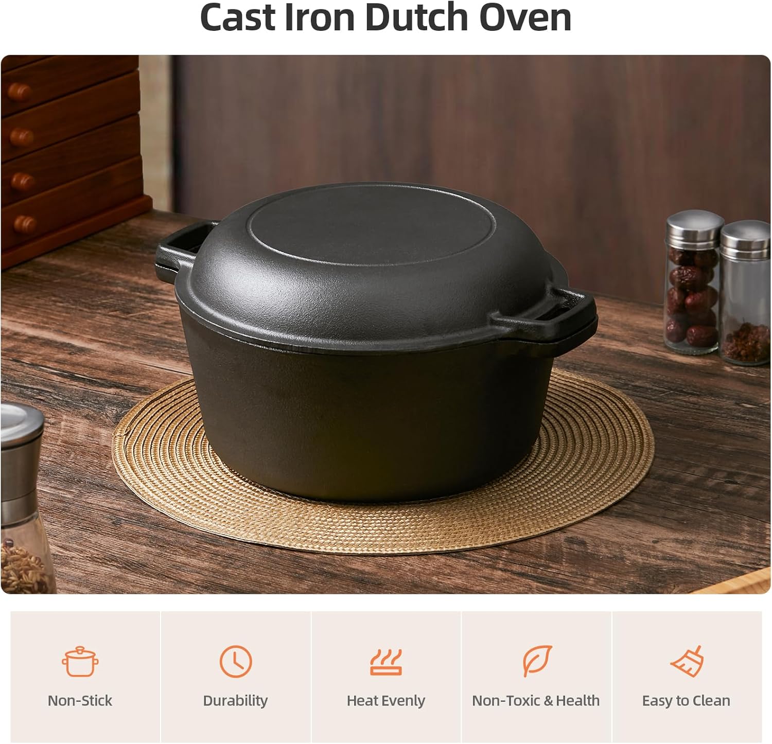 Warmiehomy Cast Iron Dutch Oven,4.5L 26cm 2 in 1 Pre-Seasoned Cookware Dutch Oven Pot with Skillet Lid,Non-Stick Skillet and Pot Set with Two Handles for Indoor Outdoor-3