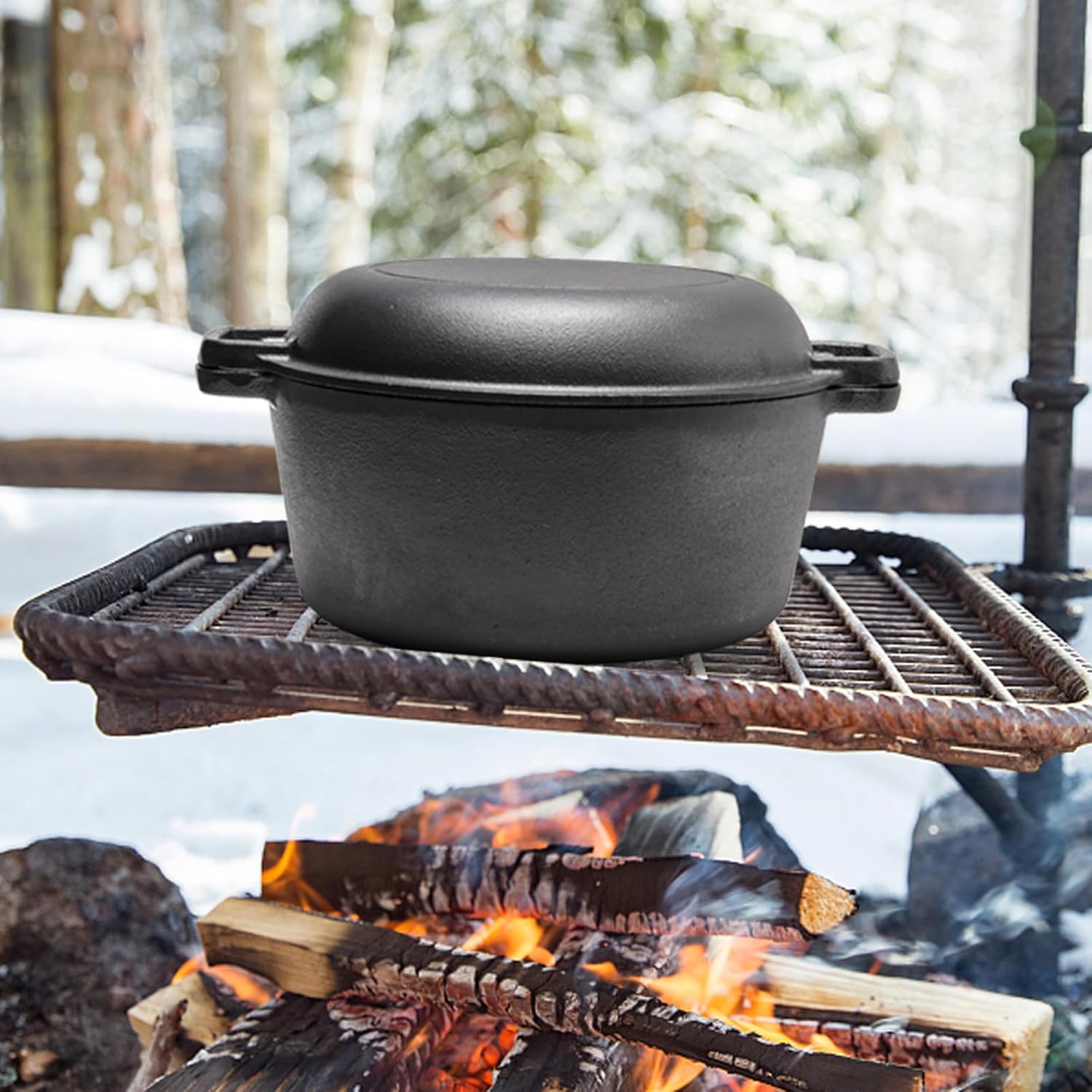 Warmiehomy Cast Iron Dutch Oven,4.5L 26cm 2 in 1 Pre-Seasoned Cookware Dutch Oven Pot with Skillet Lid,Non-Stick Skillet and Pot Set with Two Handles for Indoor Outdoor-4