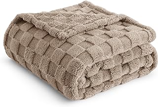 Bedsure Fleece Throw Blanket for Sofa - Soft Checkered Single Blankets for Women, Fluffy Cosy Warm Blanket for Bed, Light Taupe, 130x170 cm