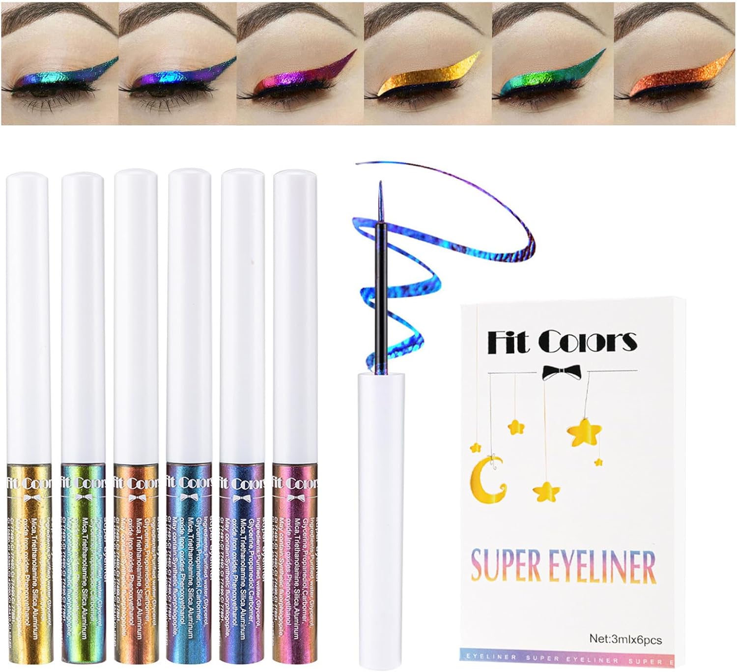 wimony 6 Color Glitter Eyeliner Set, Metallic Liquid Chameleon Eyeliner,Waterproof Smudgeproof Long Lasting Coloured Eyeliner,Holographic Fluorescent Multichrome Eyeliner Pen-0