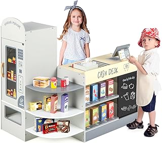 Maxmass 15PCS Kids Pretend Grocery Store, Wooden Toddler Play Shop with Rich Accessories, Vending Machine, POS Machine，Scanning Area & Screen, Children n Supermarket Playset for 3-8 Years Old