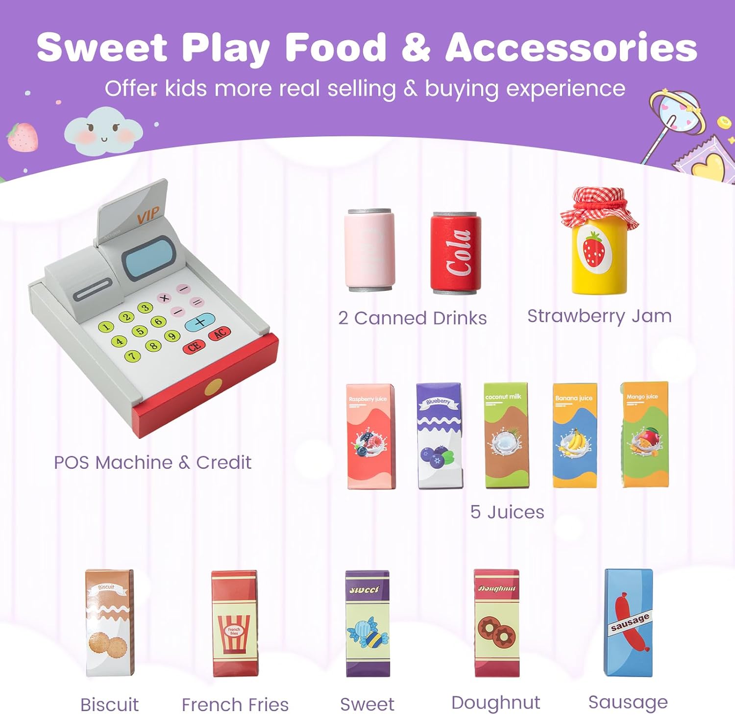 Maxmass 15PCS Kids Pretend Grocery Store, Wooden Toddler Play Shop with Rich Accessories, Vending Machine, POS Machine，Scanning Area & Screen, Children n Supermarket Playset for 3-8 Years Old-5