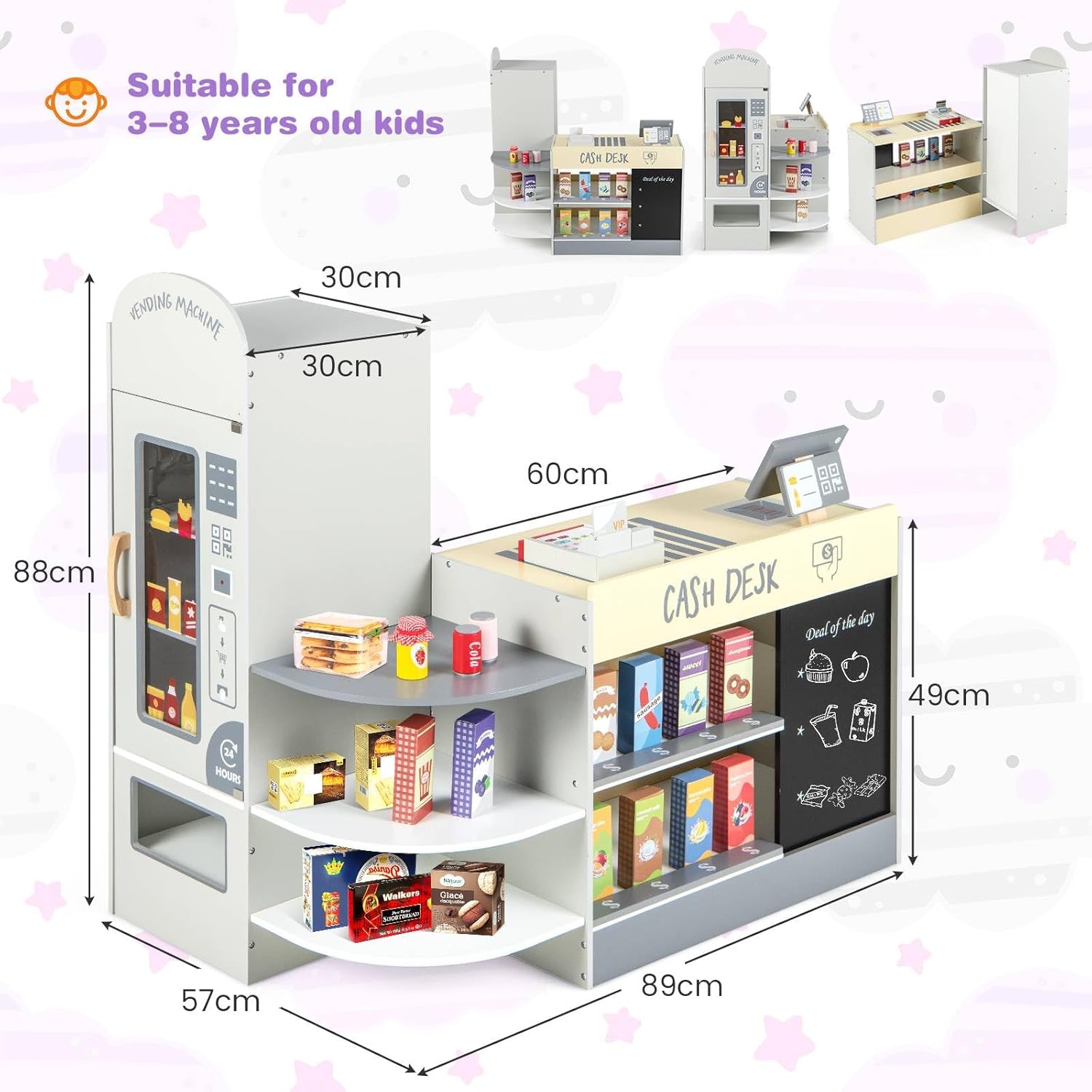 Maxmass 15PCS Kids Pretend Grocery Store, Wooden Toddler Play Shop with Rich Accessories, Vending Machine, POS Machine，Scanning Area & Screen, Children n Supermarket Playset for 3-8 Years Old-6