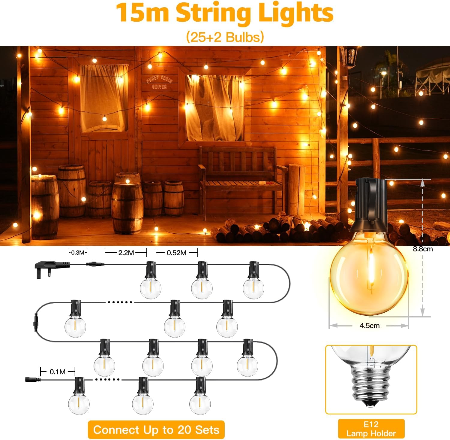 Ollny Festoon Lights Outdoor 15m, LED String Light Mains Powered, Waterproof Garden Light with Plug/25+2 Shatterproof G40 Bulbs/Hook, Bright Warm White Lighting Outside Indoor Tree Patio Decorations-1