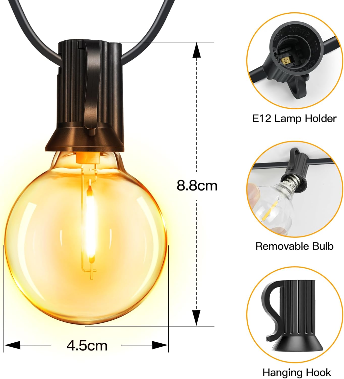 Ollny Festoon Lights Outdoor 15m, LED String Light Mains Powered, Waterproof Garden Light with Plug/25+2 Shatterproof G40 Bulbs/Hook, Bright Warm White Lighting Outside Indoor Tree Patio Decorations-7