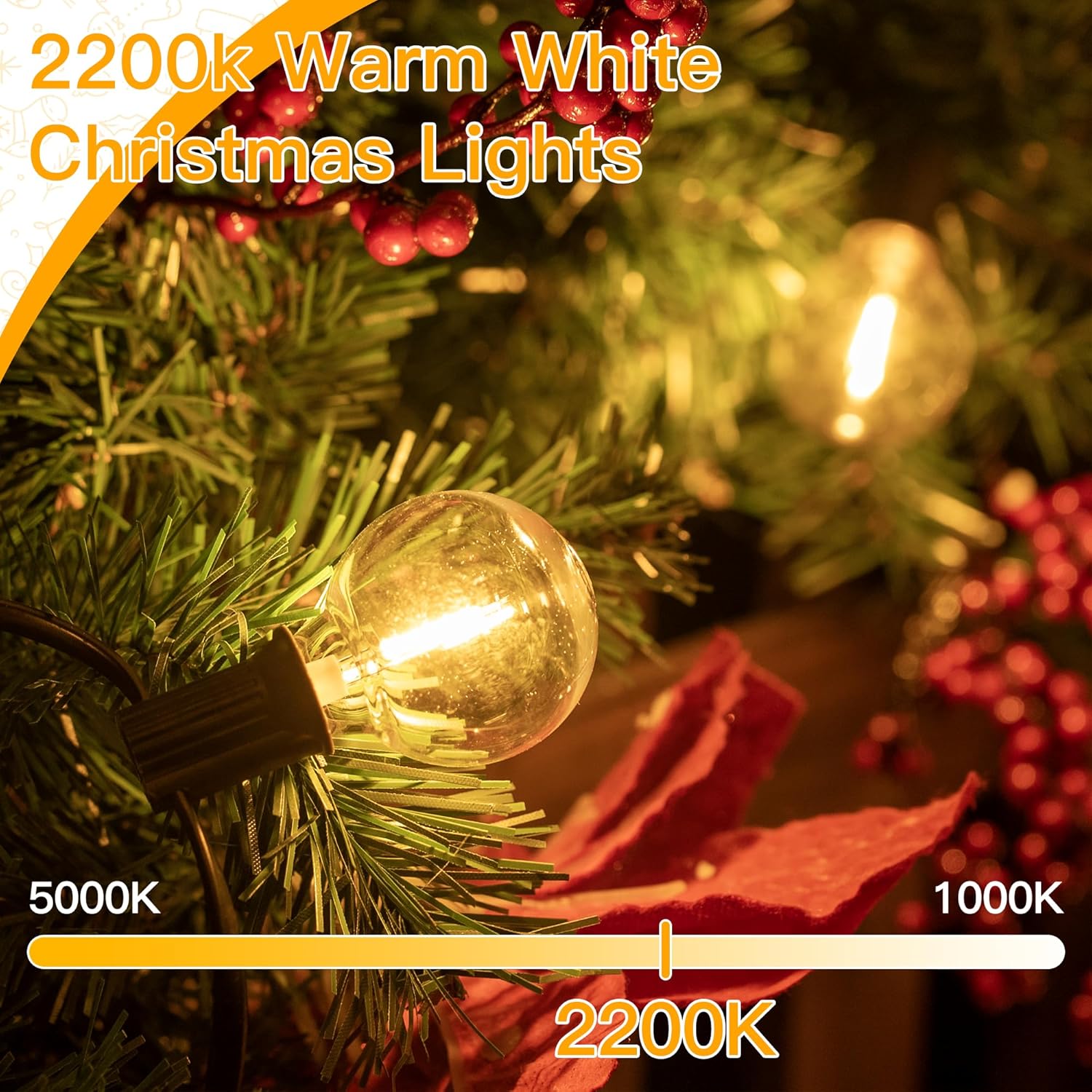 Ollny Festoon Lights Outdoor 15m, LED String Light Mains Powered, Waterproof Garden Light with Plug/25+2 Shatterproof G40 Bulbs/Hook, Bright Warm White Lighting Outside Indoor Tree Patio Decorations-8