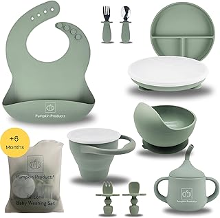 Pumpkin Products® Silicone Baby Weaning Set. Baby & Toddler. Four Suction-Cup Plate, Suction Bowl, Adjustable Bib, Weaning + Stainless Spoon & Fork Sets, Sippy Cup, Collapsible Snack Cup (Sage Green)