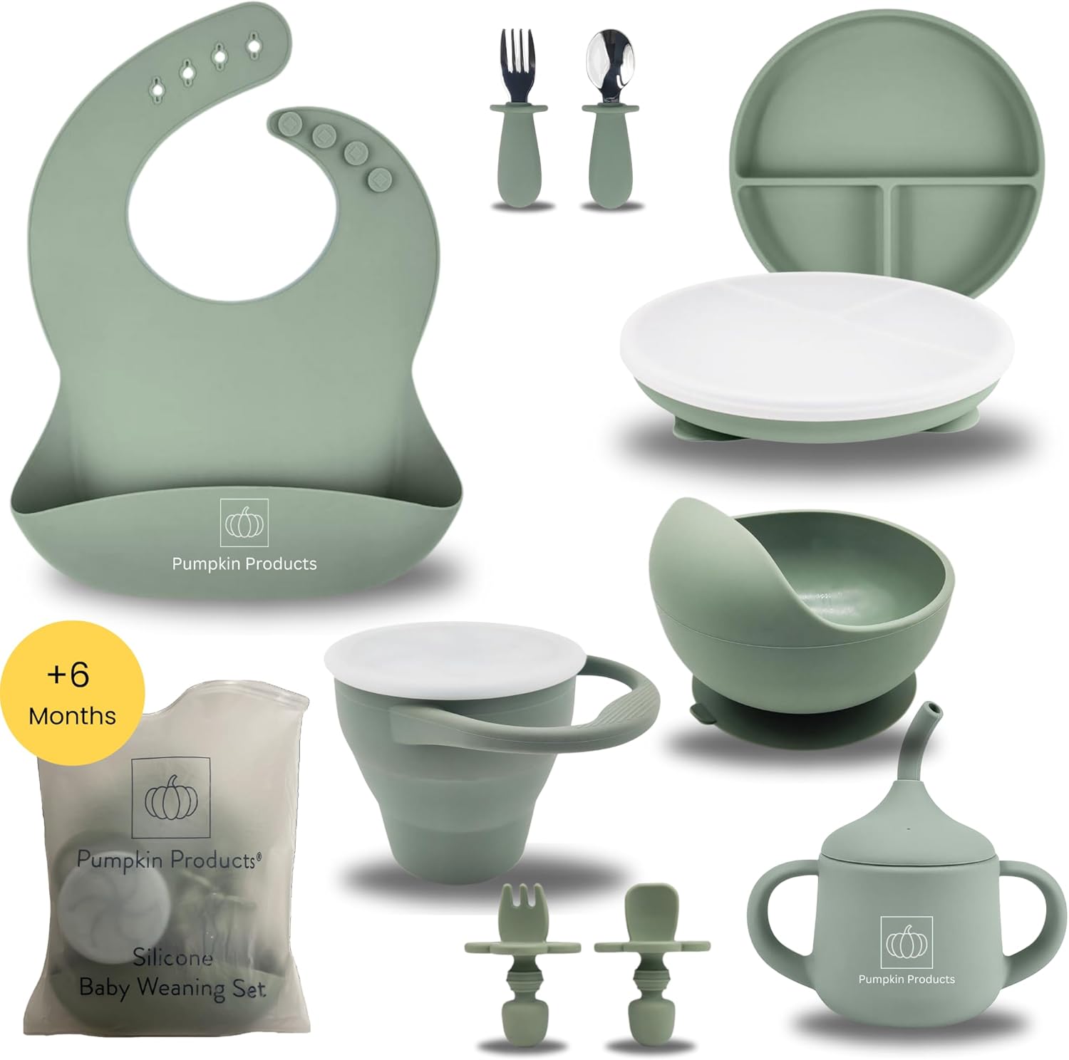 Pumpkin Products® Silicone Baby Weaning Set. Baby & Toddler. Four Suction-Cup Plate, Suction Bowl, Adjustable Bib, Weaning + Stainless Spoon & Fork Sets, Sippy Cup, Collapsible Snack Cup (Sage Green)-0