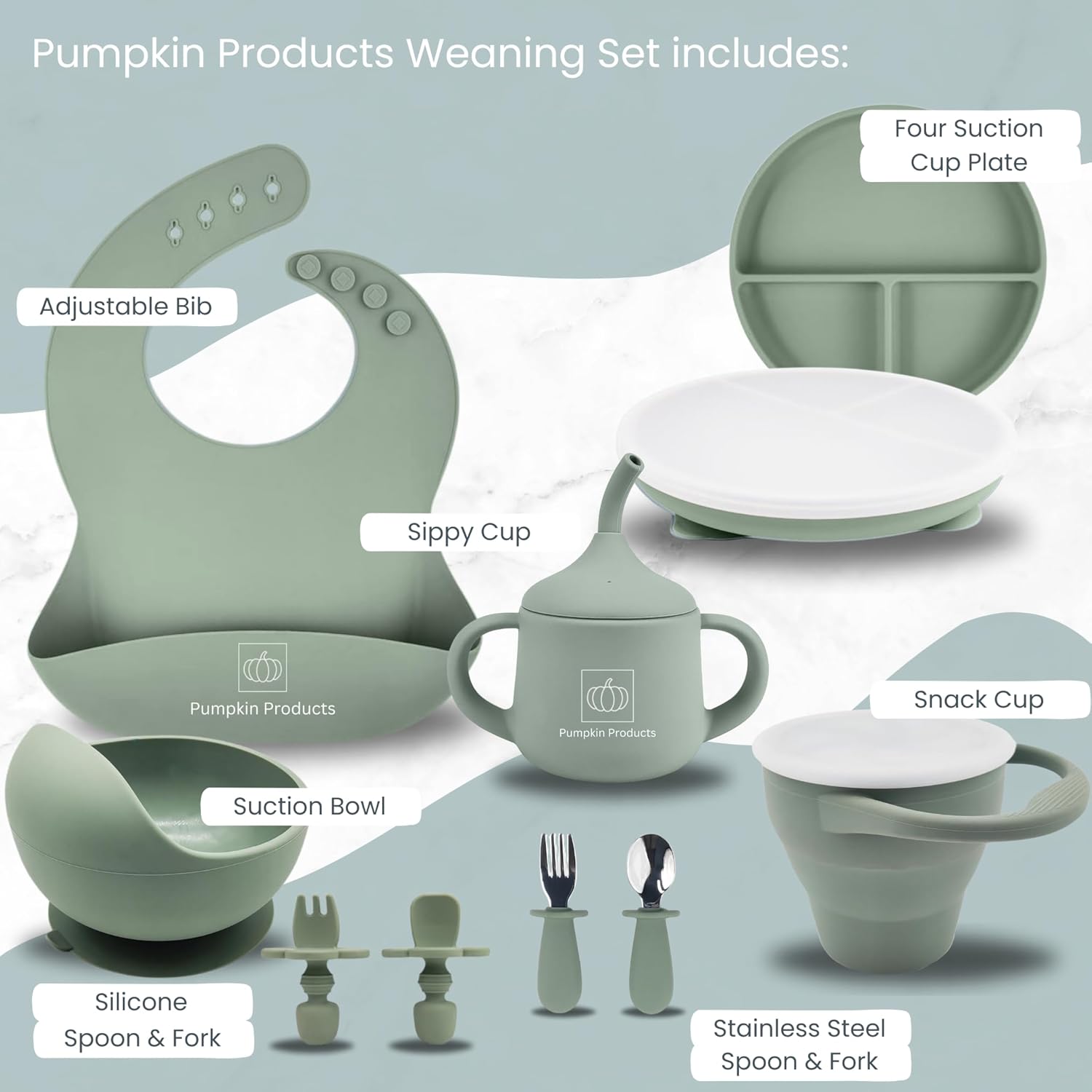 Pumpkin Products® Silicone Baby Weaning Set. Baby & Toddler. Four Suction-Cup Plate, Suction Bowl, Adjustable Bib, Weaning + Stainless Spoon & Fork Sets, Sippy Cup, Collapsible Snack Cup (Sage Green)-2