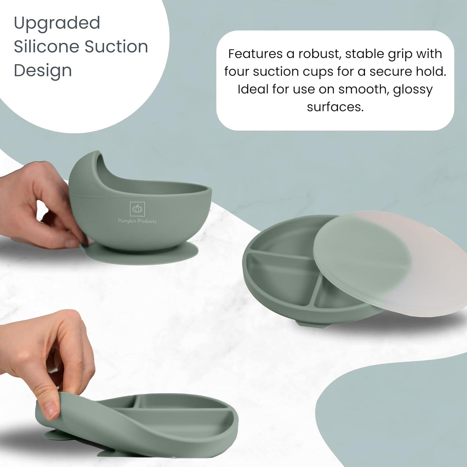 Pumpkin Products® Silicone Baby Weaning Set. Baby & Toddler. Four Suction-Cup Plate, Suction Bowl, Adjustable Bib, Weaning + Stainless Spoon & Fork Sets, Sippy Cup, Collapsible Snack Cup (Sage Green)-3