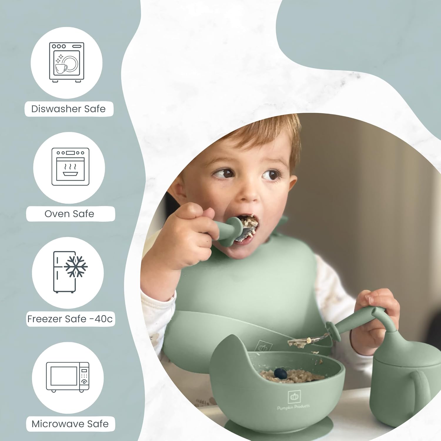 Pumpkin Products® Silicone Baby Weaning Set. Baby & Toddler. Four Suction-Cup Plate, Suction Bowl, Adjustable Bib, Weaning + Stainless Spoon & Fork Sets, Sippy Cup, Collapsible Snack Cup (Sage Green)-7