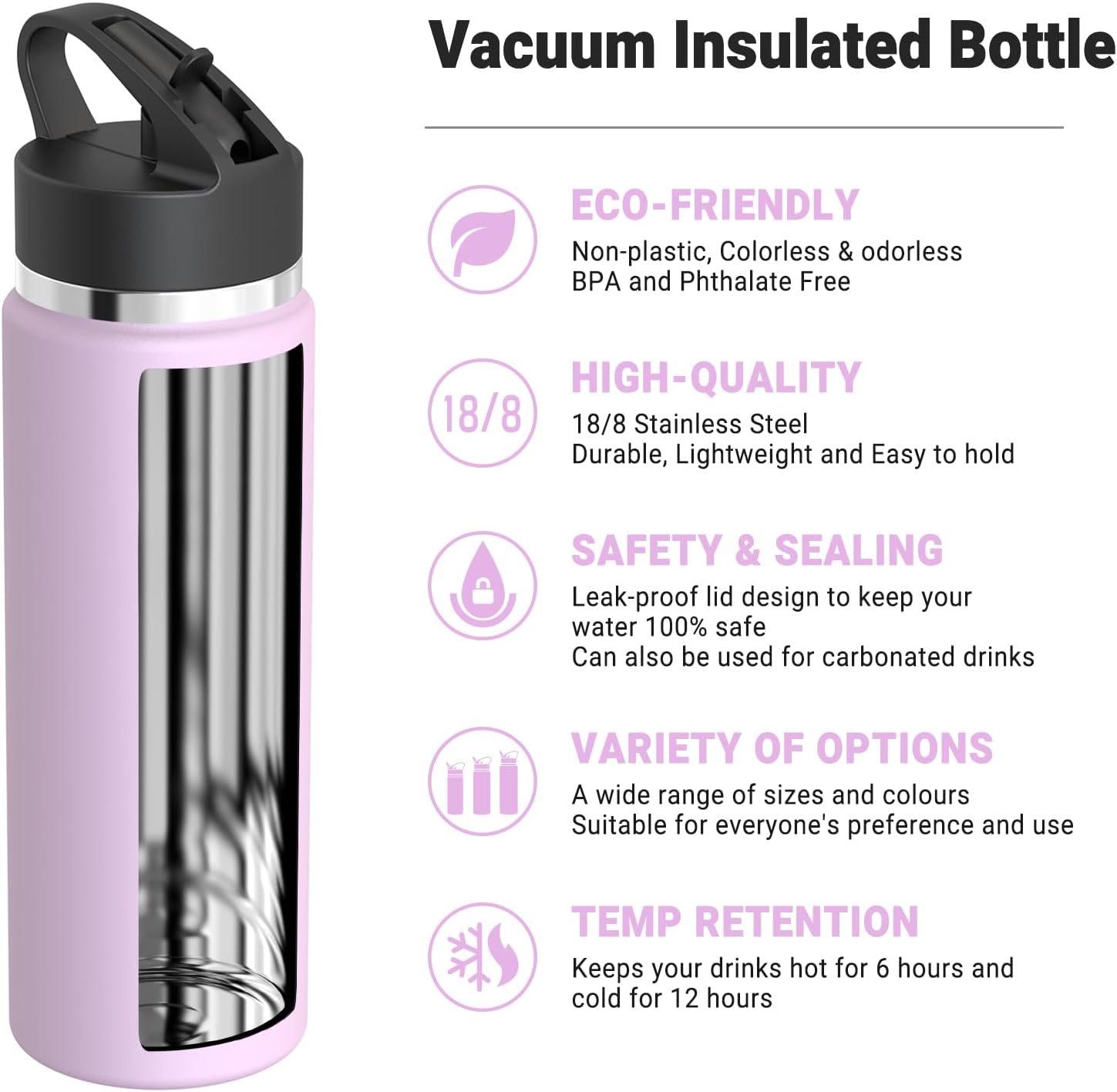 AORIN Stainless Steel Water Bottle - 500ml/750ml/1L - BPA Free & Leakproof - Insulated Water Bottle with Straw - Portable Metal Drinking Bottle - Vacuum Flasks for Fitness, Gym, Travel, Sport-1