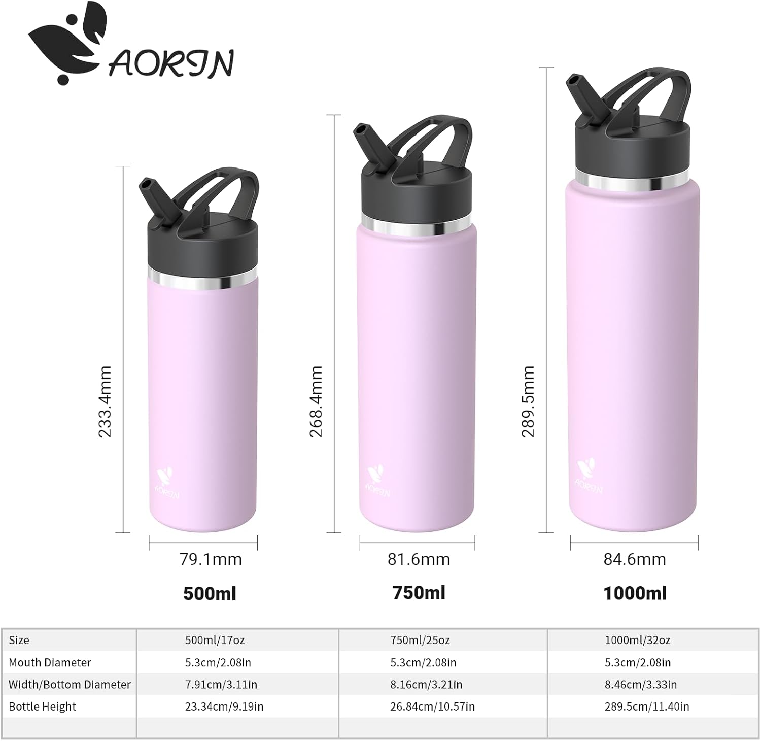 AORIN Stainless Steel Water Bottle - 500ml/750ml/1L - BPA Free & Leakproof - Insulated Water Bottle with Straw - Portable Metal Drinking Bottle - Vacuum Flasks for Fitness, Gym, Travel, Sport-2