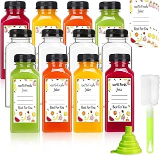 Leaflai Juice Bottles 12 Pcs - 12oz Shot Bottles with Lids, Plastic Juice Bottles with Fruit Stickers, Reusable Empty Bottles for Juice, Milk, Smoothie or Drinking