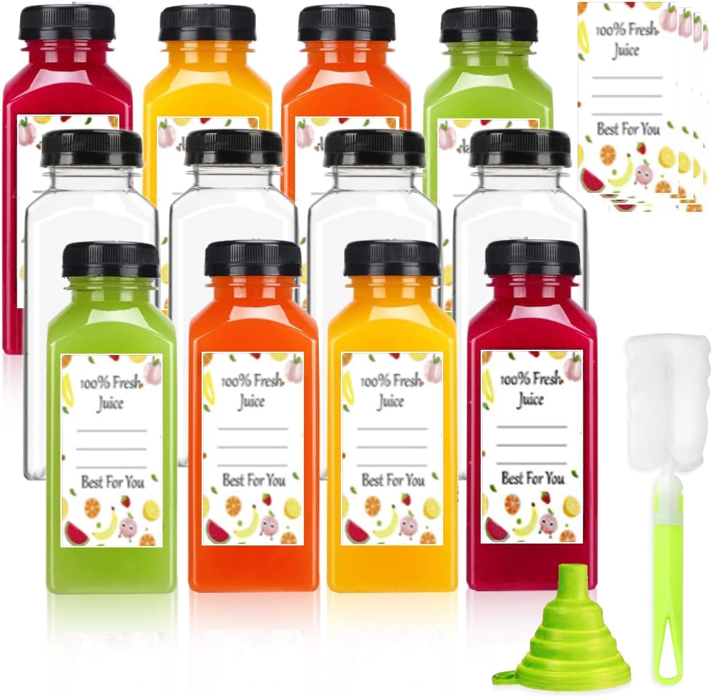 Leaflai Juice Bottles 12 Pcs - 12oz Shot Bottles with Lids, Plastic Juice Bottles with Fruit Stickers, Reusable Empty Bottles for Juice, Milk, Smoothie or Drinking-0