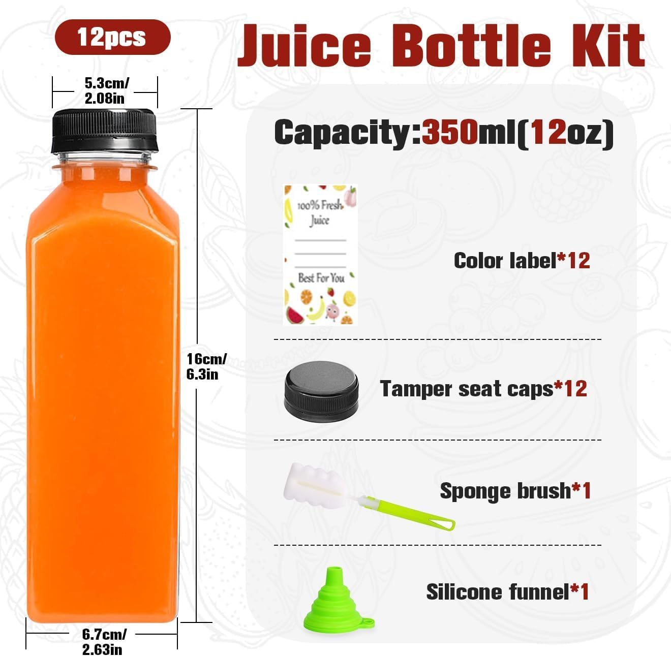 Leaflai Juice Bottles 12 Pcs - 12oz Shot Bottles with Lids, Plastic Juice Bottles with Fruit Stickers, Reusable Empty Bottles for Juice, Milk, Smoothie or Drinking-2