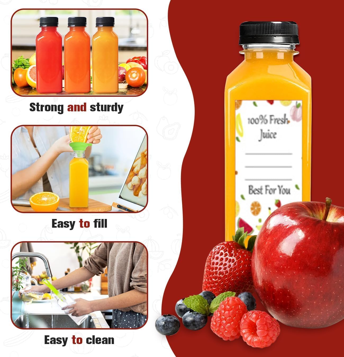 Leaflai Juice Bottles 12 Pcs - 12oz Shot Bottles with Lids, Plastic Juice Bottles with Fruit Stickers, Reusable Empty Bottles for Juice, Milk, Smoothie or Drinking-4