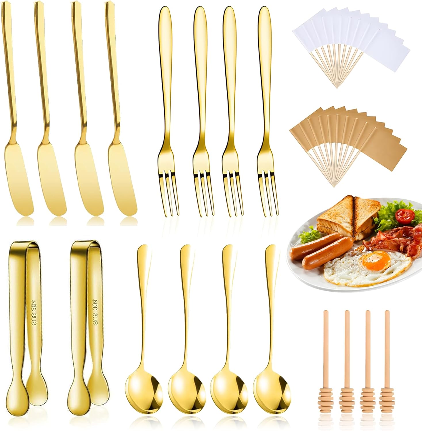 18 Pieces Cheese Butter Spreader Knives Set Charcuterie Accessories Stainless Steel Spreader Knives Charcuterie Boards Utensils Mini Serving Tongs Spoons and Forks for Pastry Making (Golden)-0