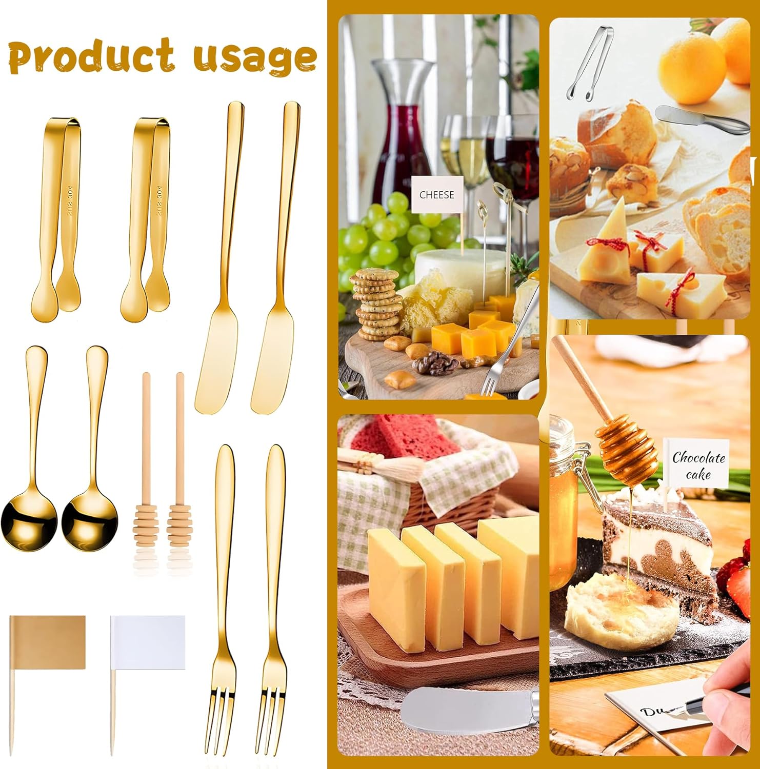 18 Pieces Cheese Butter Spreader Knives Set Charcuterie Accessories Stainless Steel Spreader Knives Charcuterie Boards Utensils Mini Serving Tongs Spoons and Forks for Pastry Making (Golden)-4