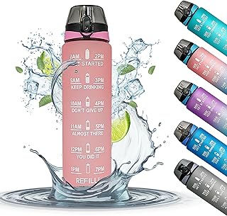 K-MART 1 Litre Water Bottle With Time Markings | BPA Free & Non-Toxic Drinks Bottle | Leakproof Sports Water Bottle 1l For Gym Bottle, Running Bottle, Cycling, School & Office (Pink)