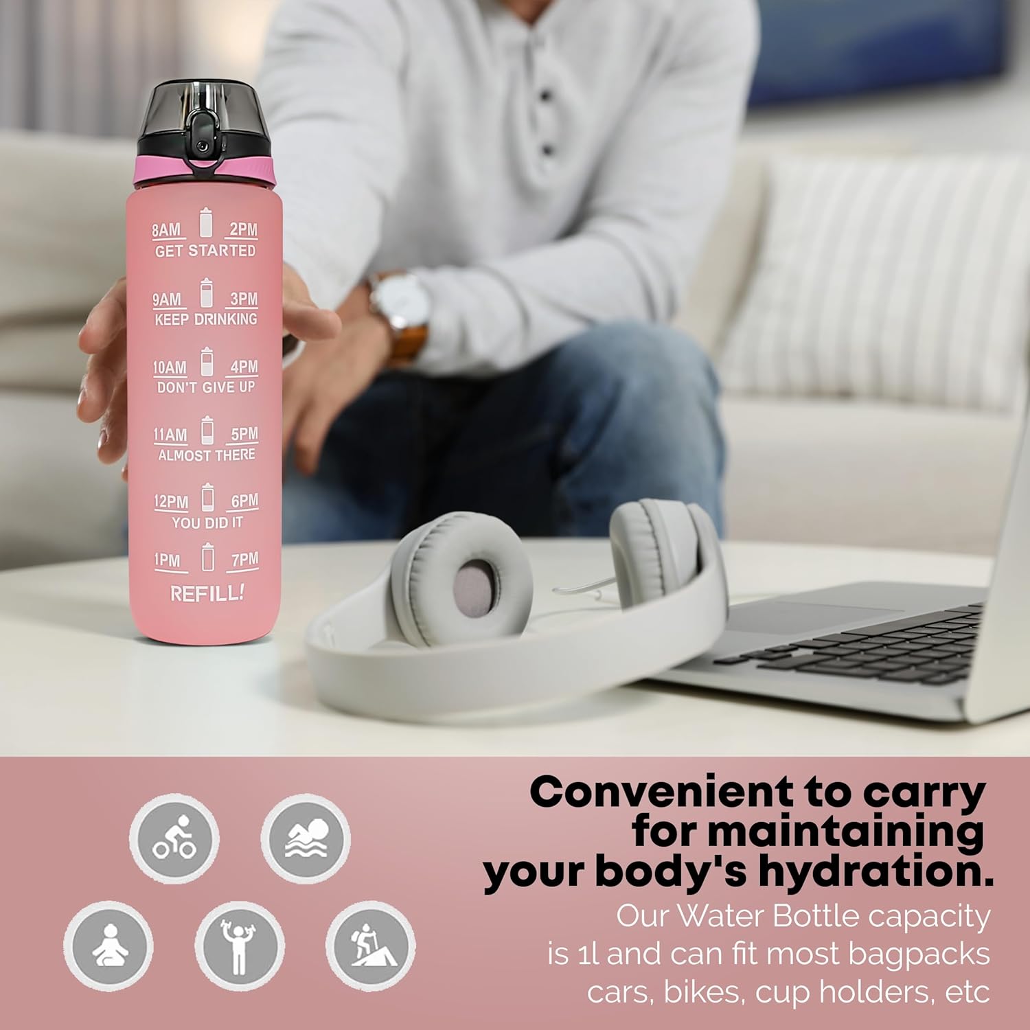 K-MART 1 Litre Water Bottle With Time Markings | BPA Free & Non-Toxic Drinks Bottle | Leakproof Sports Water Bottle 1l For Gym Bottle, Running Bottle, Cycling, School & Office (Pink)-5