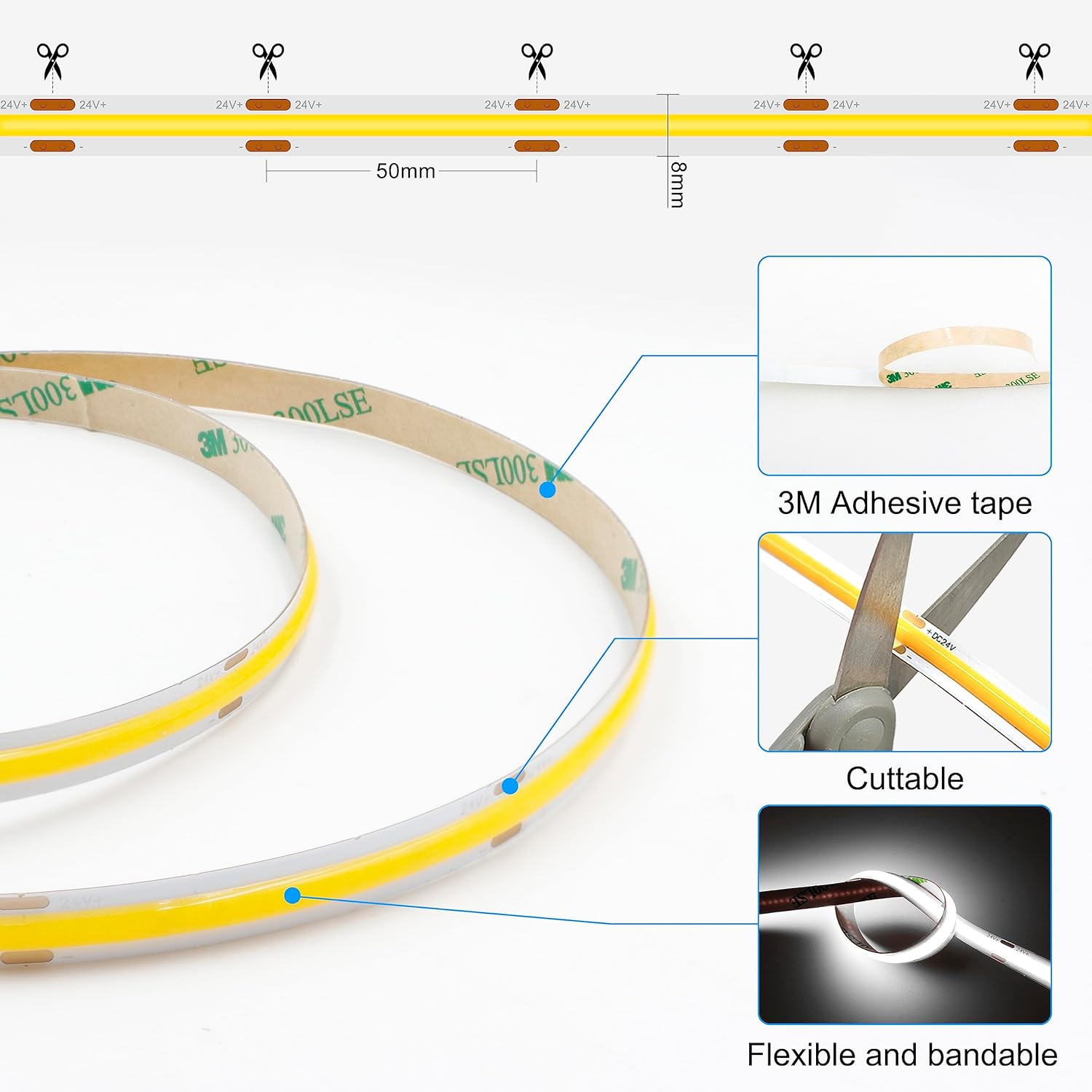 AXMOTUT COB LED Strip Lights 3m, 6000K Daylight White Dimmable LED Strip, 960 LEDs Super Bright DC24V LED Light Strip CRI90+ with RF Remote and UKCA Power Supply for DIY Home Decoration-4