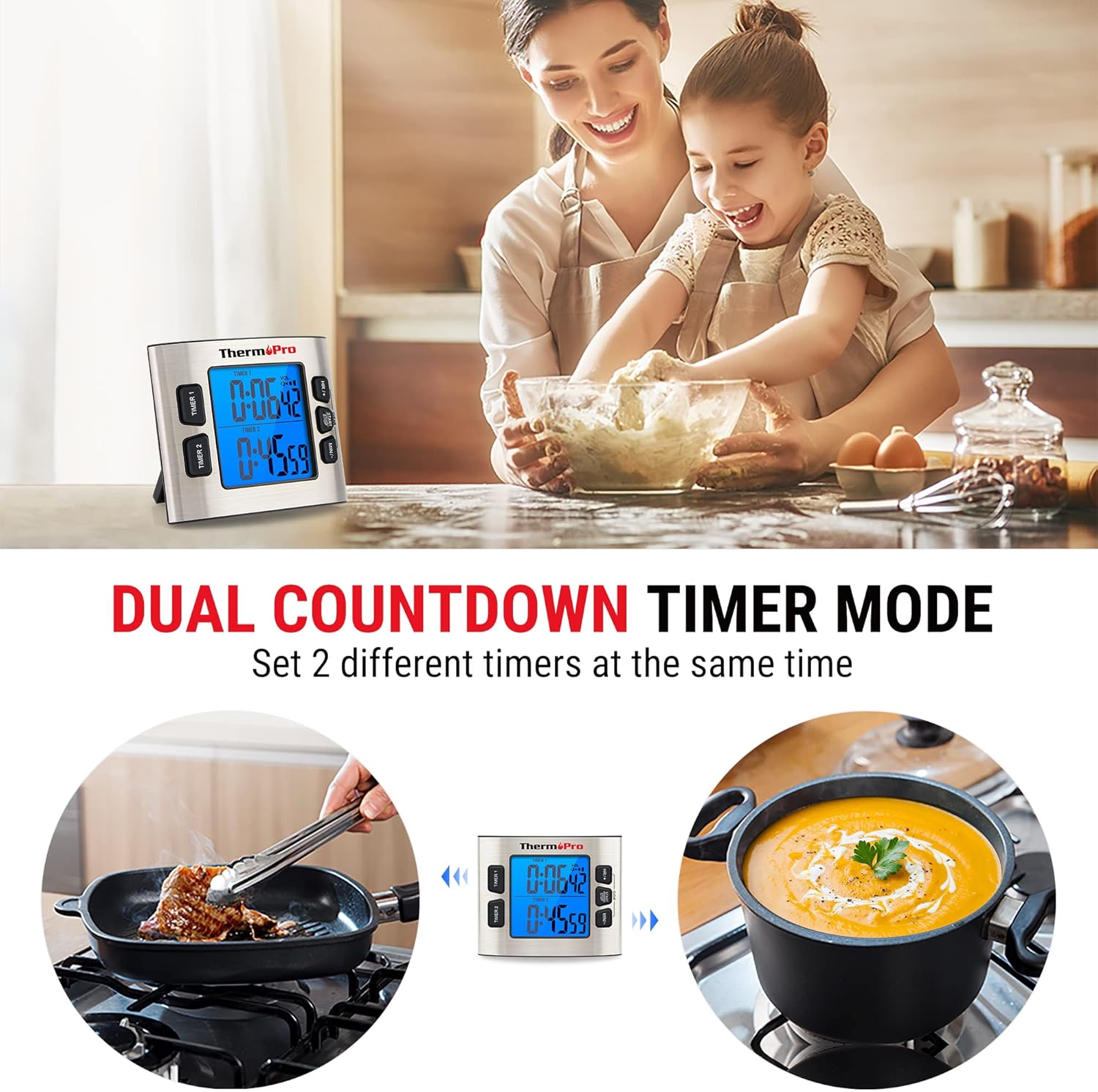 ThermoPro TM02 Digital Kitchen Timer with Dual Countdown Stop Watches Timer/Magnetic Timer Clock with Adjustable Loud Alarm and Backlight LCD Big Digits/ 24 Hour for Kids Teachers-1