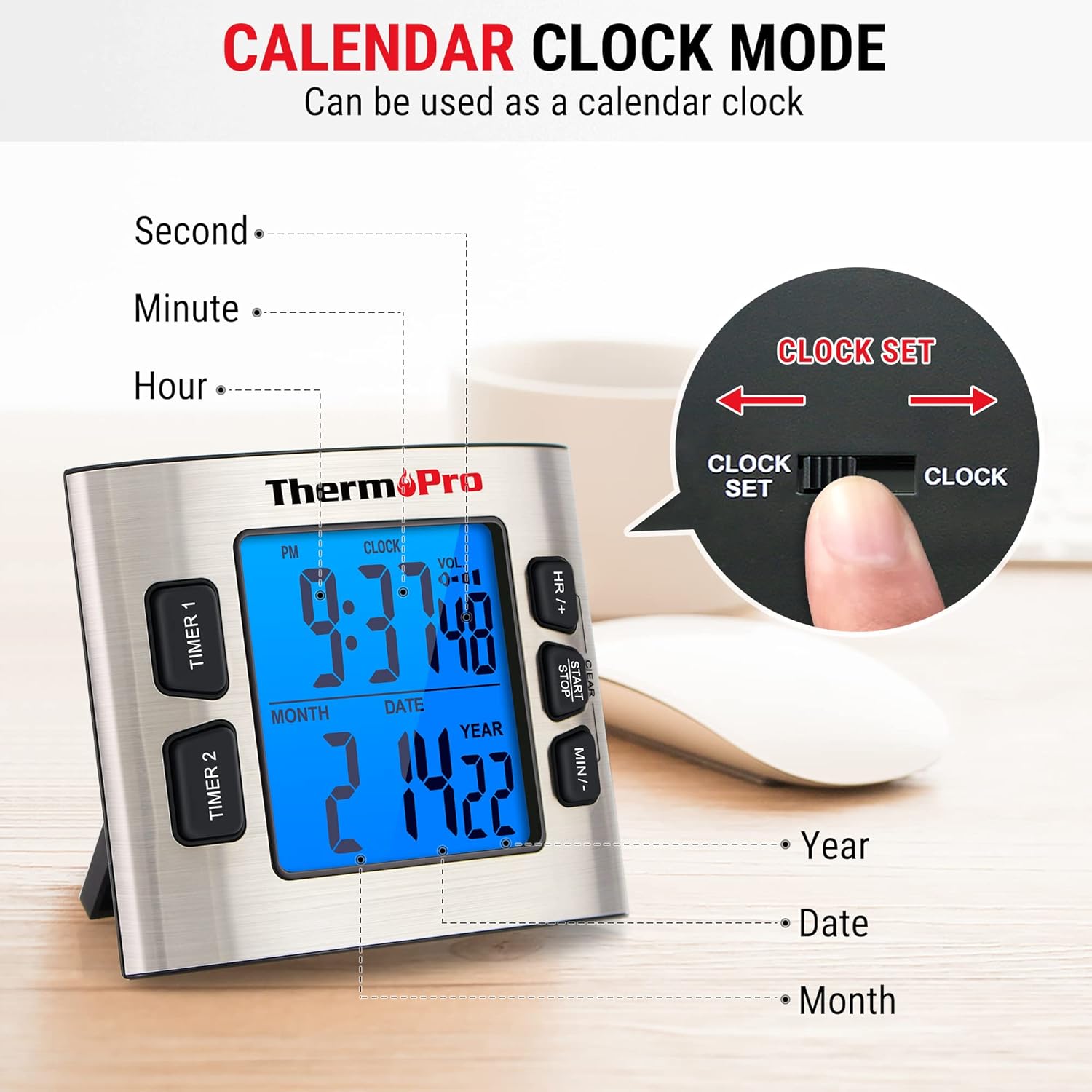 ThermoPro TM02 Digital Kitchen Timer with Dual Countdown Stop Watches Timer/Magnetic Timer Clock with Adjustable Loud Alarm and Backlight LCD Big Digits/ 24 Hour for Kids Teachers-2