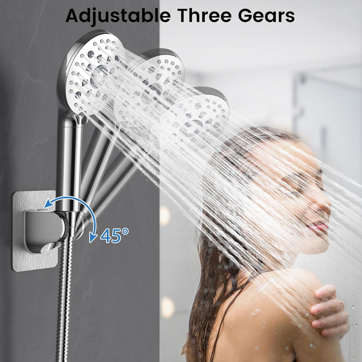 DIGIROOT Shower Head Holder Replacement, Adjustable 3 Angle Shower Holder Bracket, Strong Adhesive Universal ABS Shower Bracket Wall Mount Chrome Plated No Drilling for Home Hotel Bathroom-4