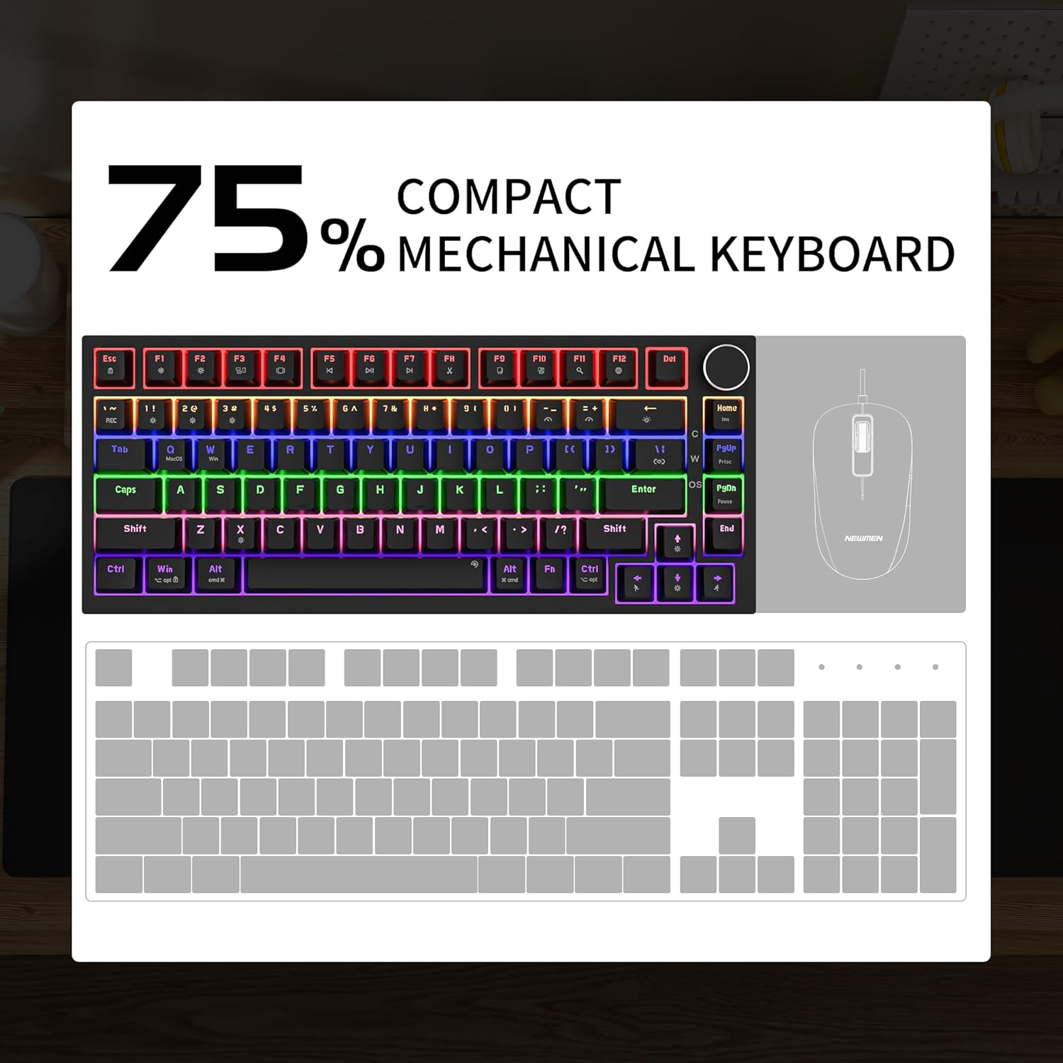 NEWMEN GM326 Mechanical Keyboard,Wired Gaming Keyboard,75% Percent TKL Hot Swappable Compact LED Backlit USB C Mechanical Gaming Keyboard with Knob for PC Windows Mac,QWERTY Layout,Black,Red Switches-2