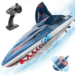 DEERC Fast Brushless RC Shark Boat for Adults, 30+MPH 3S High Speed Remote Control Boat, Self-righting 2.4Ghz Speed Boat with LED Lights, Summer Toy Gift for Kids