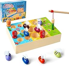 Vicloon Wooden Fishing Game, 4 In 1 Magnetic Fishing Game, Double Sided Wooden Montessori Toys with 6 Magnetic Fish, 6 Worms and 6 Bees Game Wooden Toys for 3+ Year Olds Children Toddler Games