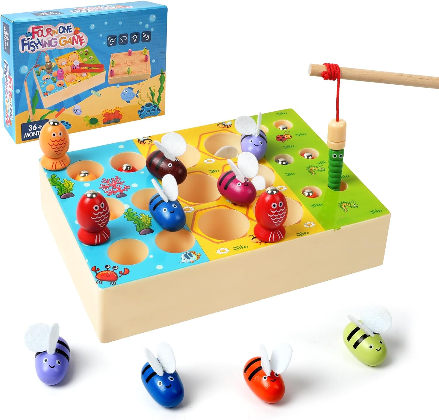 Vicloon Wooden Fishing Game, 4 In 1 Magnetic Fishing Game, Double Sided Wooden Montessori Toys with 6 Magnetic Fish, 6 Worms and 6 Bees Game Wooden Toys for 3+ Year Olds Children Toddler Games-0