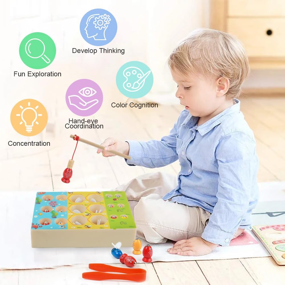 Vicloon Wooden Fishing Game, 4 In 1 Magnetic Fishing Game, Double Sided Wooden Montessori Toys with 6 Magnetic Fish, 6 Worms and 6 Bees Game Wooden Toys for 3+ Year Olds Children Toddler Games-1