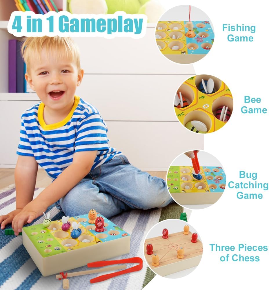 Vicloon Wooden Fishing Game, 4 In 1 Magnetic Fishing Game, Double Sided Wooden Montessori Toys with 6 Magnetic Fish, 6 Worms and 6 Bees Game Wooden Toys for 3+ Year Olds Children Toddler Games-2