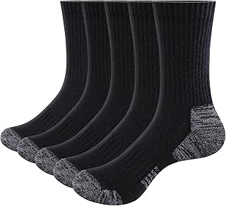 YUEDGE Mens Moisture Wicking Cushioned Crew Socks Anti-Blister Training Athletic Sports Socks Padded Work Socks Mid Calf Cotton Men Socks For Men Size 4-8/6-10/9-12, Multipack, 5 Pairs