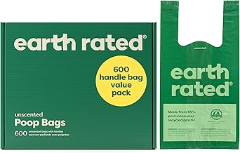 Earth Rated Dog Poo Bags with Handles Value Pack, Easy Tie and Guaranteed Leakproof, Unscented, 600 Handle Bags