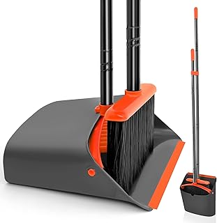 JEHONN Broom and Dustpan Set, 137 cm Long Handled Sweeping Brush and Upright Standing Dust Pan with Comb Teeth for Indoor Home Kitchen Lobby Garden Office Room (Black Orange)