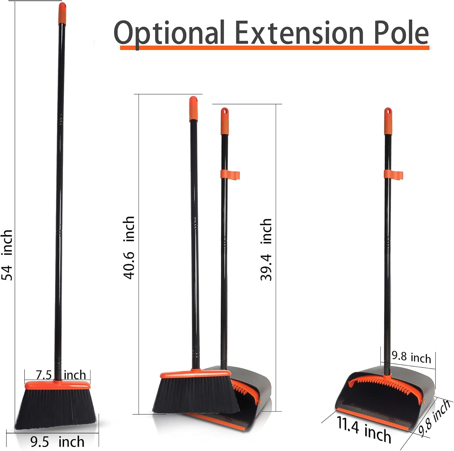 JEHONN Broom and Dustpan Set, 137 cm Long Handled Sweeping Brush and Upright Standing Dust Pan with Comb Teeth for Indoor Home Kitchen Lobby Garden Office Room (Black Orange)-1