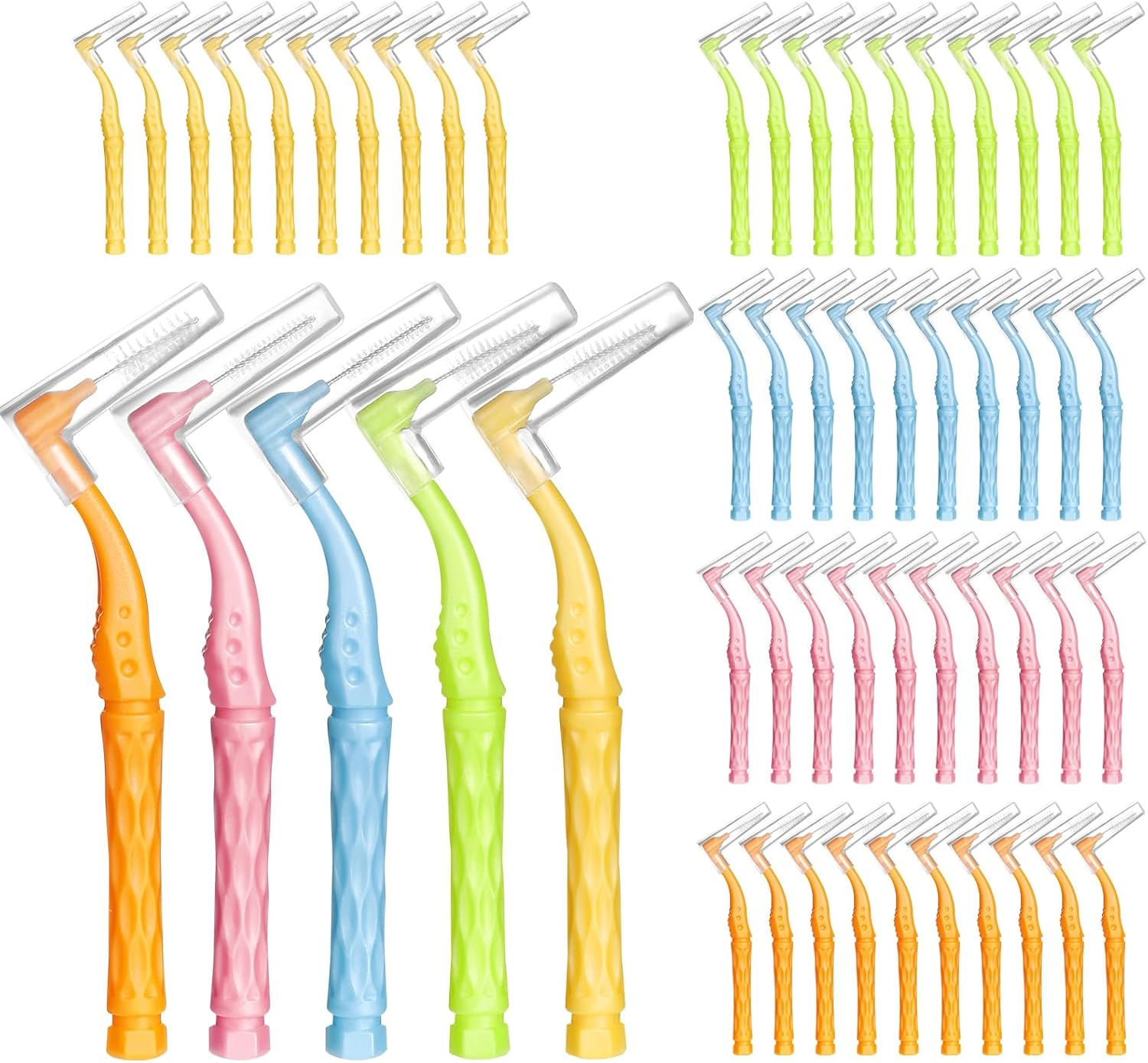 RAYITO 50pcs Interdental Brushes, 5 Sizes Soft Dental Brushes with Non-Slip Handle Angled Head Tooth Picks Floss Sticks Dental Floss Brushes for Braces Oral Cleaning Narrow Gaps Between Teeth-0