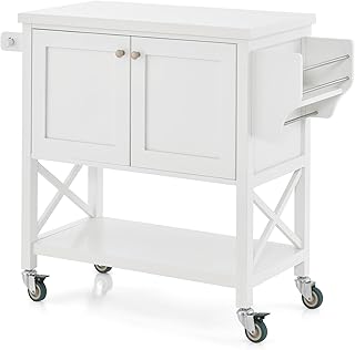 TANGZON Kitchen Storage Trolley on Wheels, Rolling Kitchen Island with 2-Door Cabinet, Open Shelf, Spice & Towel Rack, Utility Wooden Serving Trolley Cart for Dinning Living Room Bar Restaurant