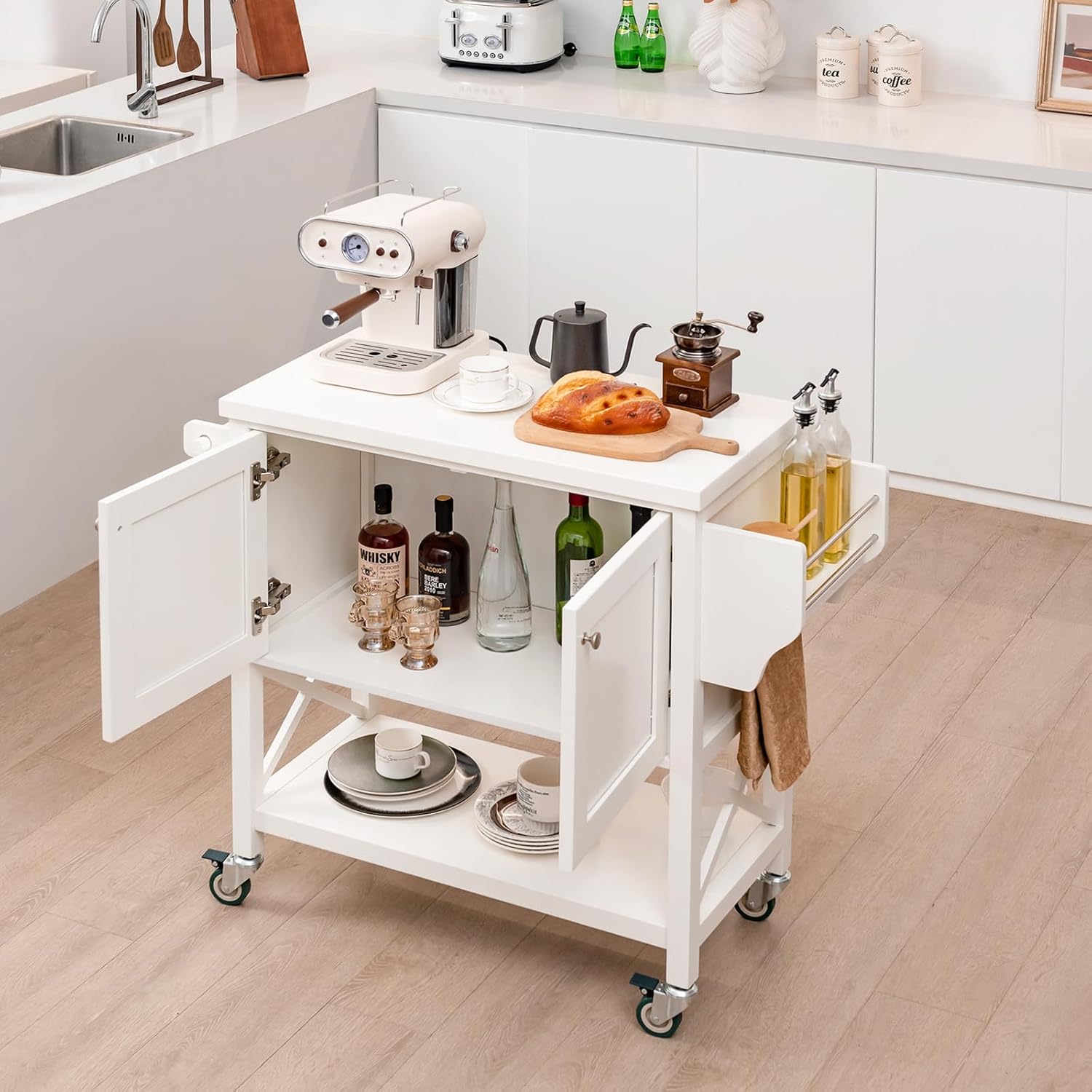 TANGZON Kitchen Storage Trolley on Wheels, Rolling Kitchen Island with 2-Door Cabinet, Open Shelf, Spice & Towel Rack, Utility Wooden Serving Trolley Cart for Dinning Living Room Bar Restaurant-4